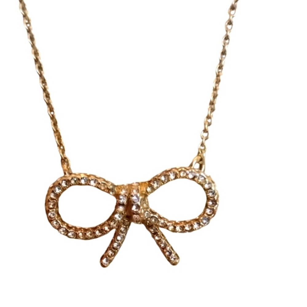 Ann Taylor Clear Crystal Bow Tie Ribbon Necklace Gold-Toned Dainty
